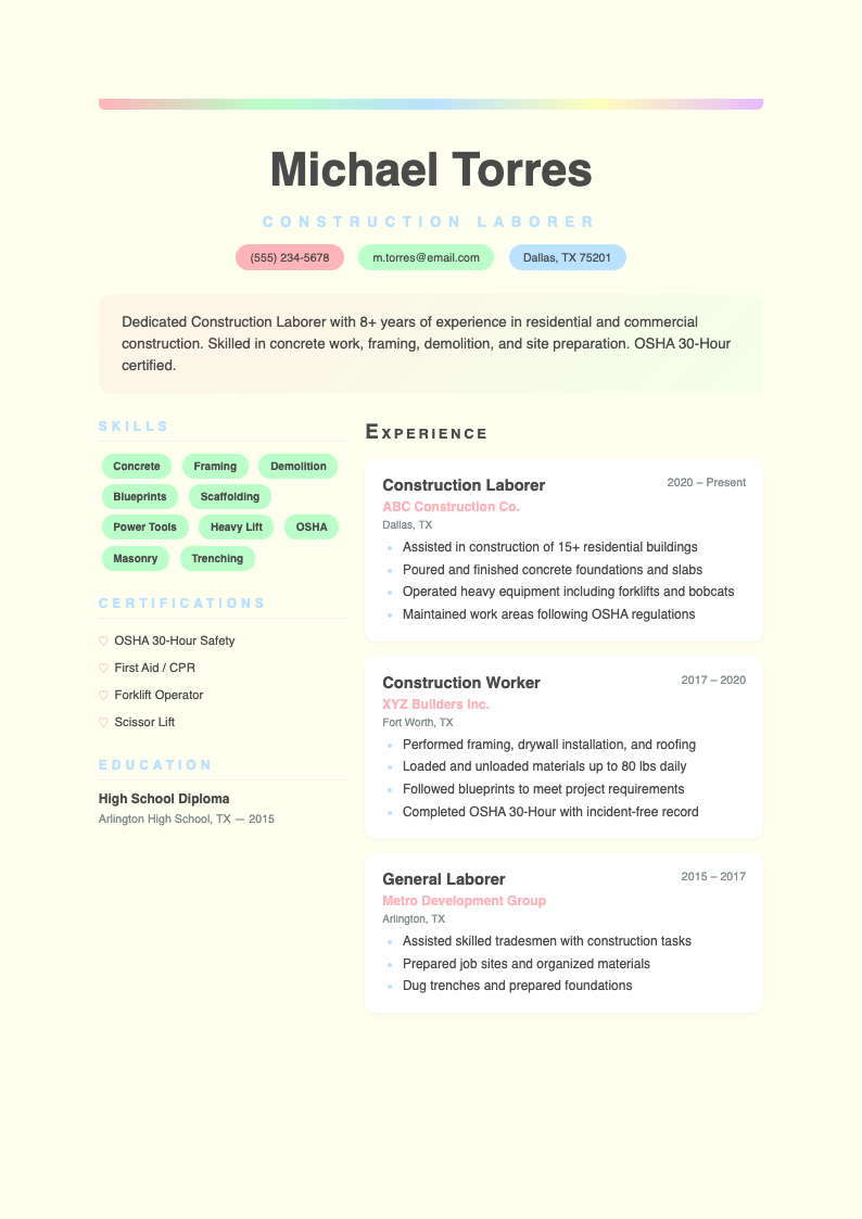 Pastel Soft construction laborer resume